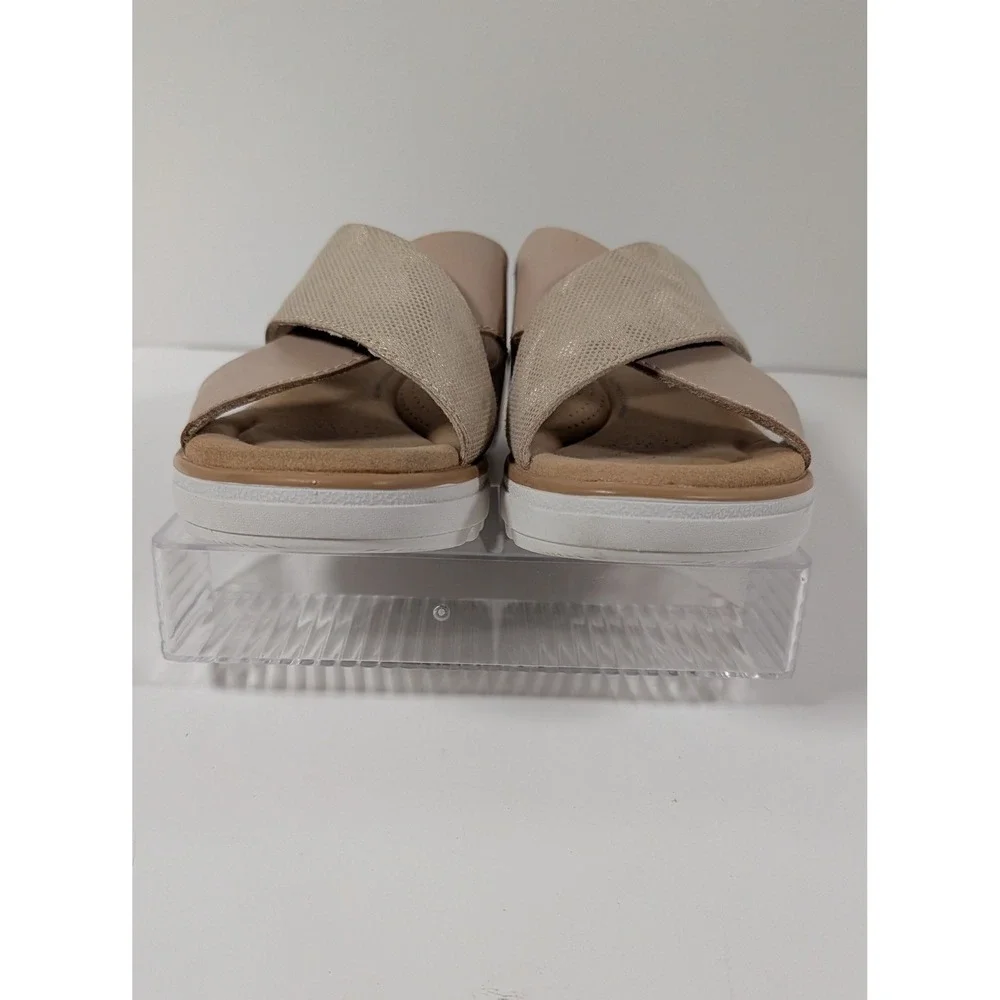 Clarks Collection Womens Arla Kaylie Sandal Beige Shimmer Wedge Slide